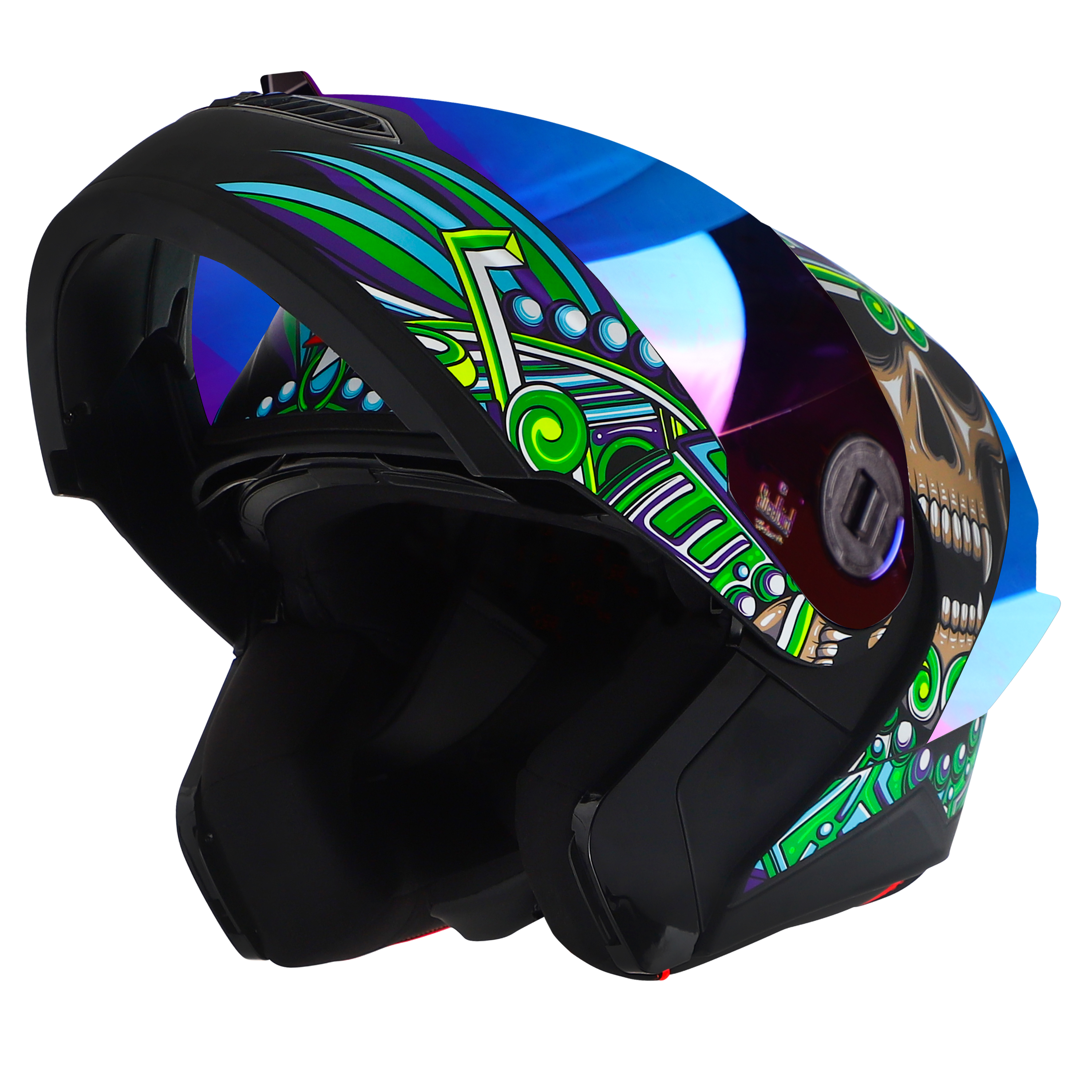 Steelbird SBA-8 Hunt ISI Certified Flip-Up Graphic Helmet For Men And Women (Glossy Black Green With Rainbow Spoiler And Chrome Rainbow Visor)