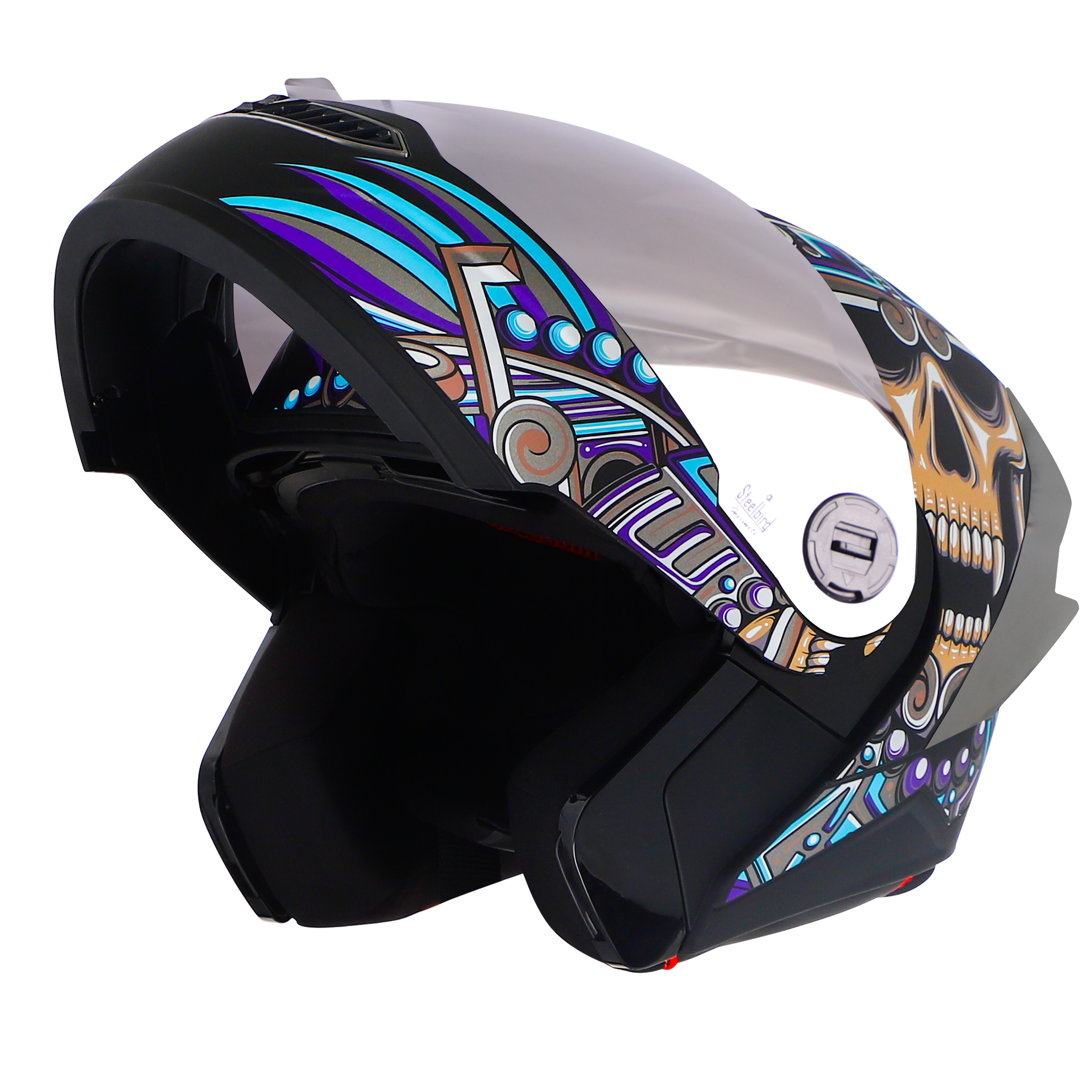 Steelbird SBA-8 Hunt ISI Certified Flip-Up Graphic Helmet For Men And Women (Glossy Black Jazz Blue With Silver Spoiler And Chrome Silver Visor)