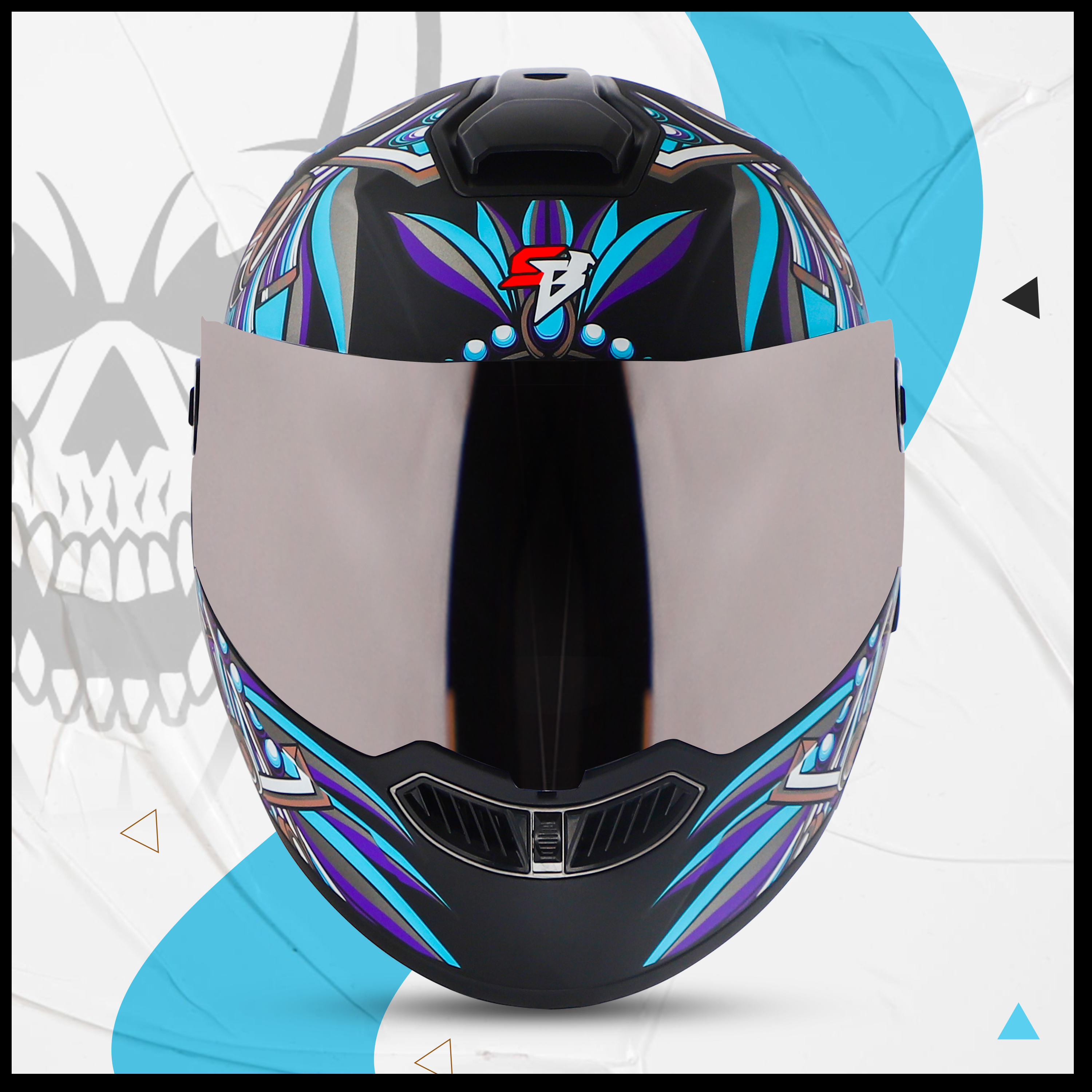 Steelbird SBA-8 Hunt ISI Certified Flip-Up Graphic Helmet For Men And Women (Glossy Black Jazz Blue With Silver Spoiler And Chrome Silver Visor)