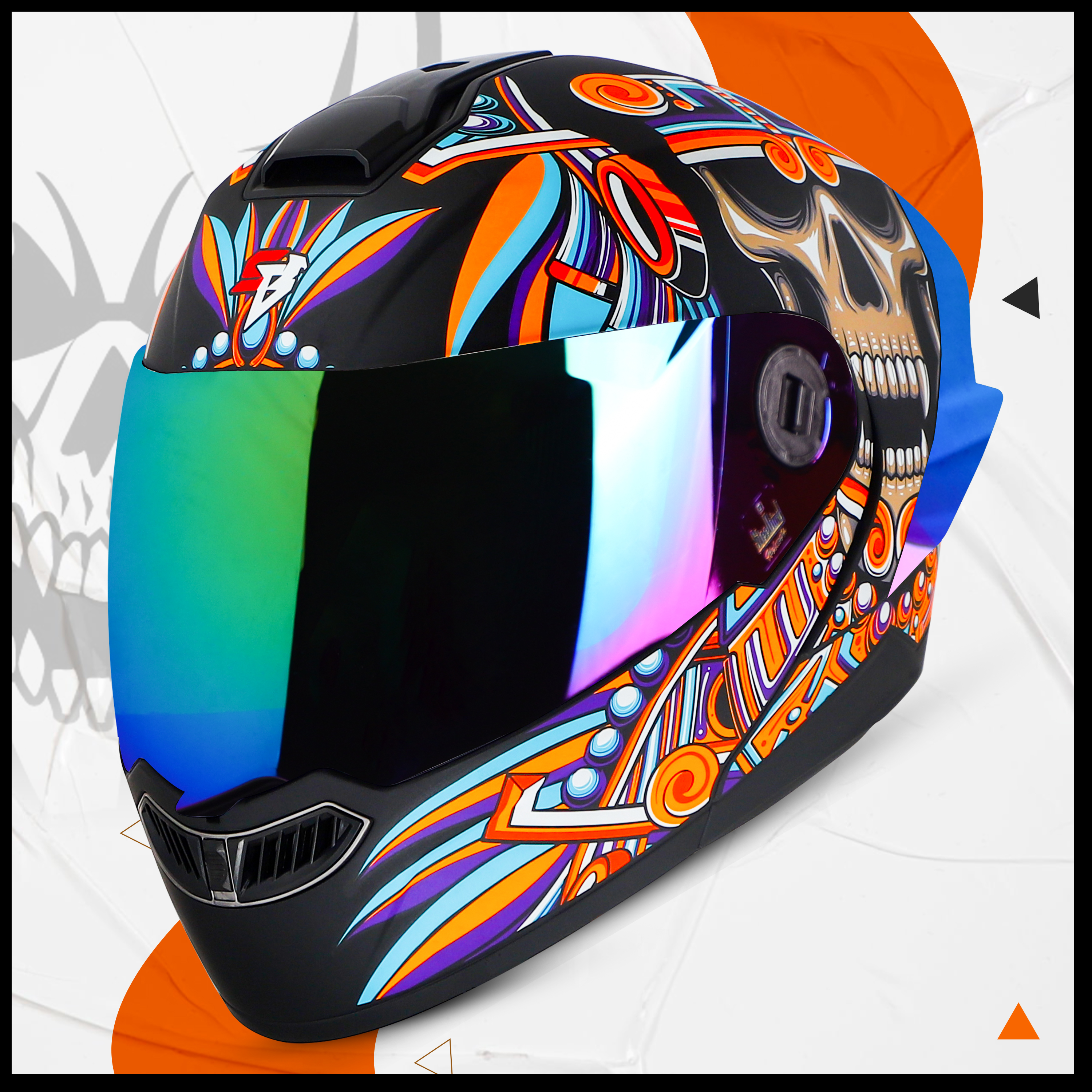 Steelbird SBA-8 Hunt ISI Certified Flip-Up Graphic Helmet For Men And Women (Glossy Black Orange With Rainbow Spoiler And Chrome Rainbow Visor)