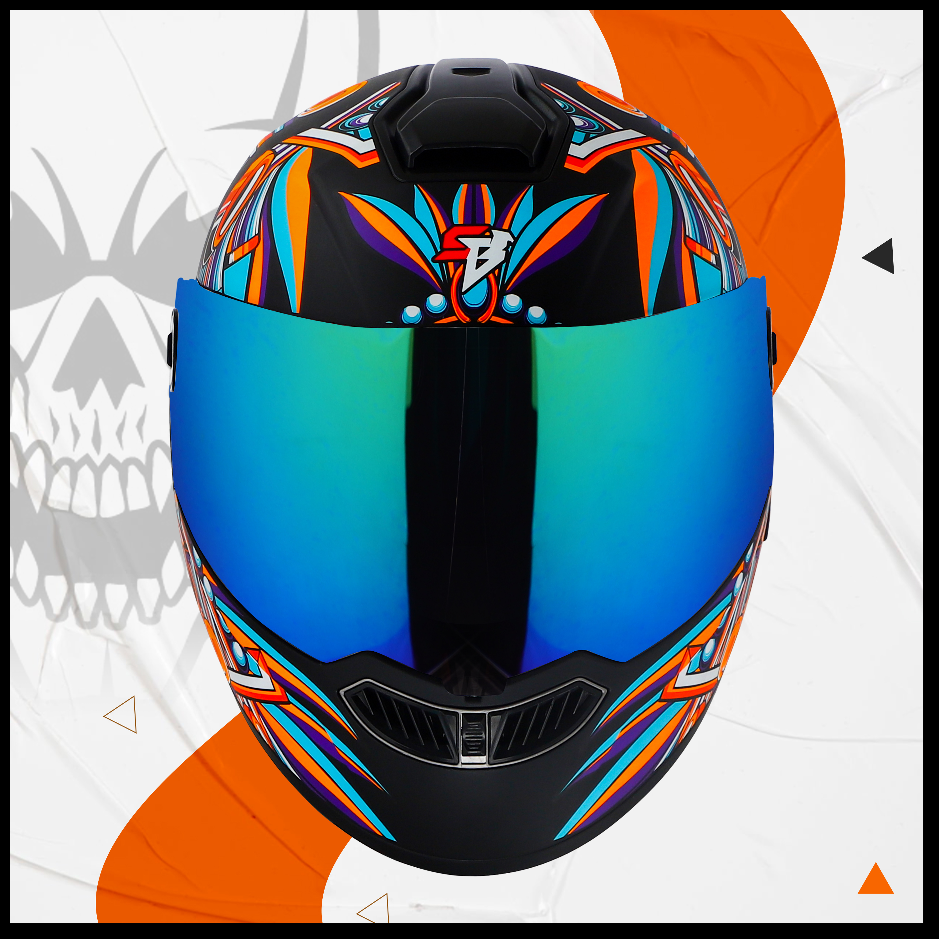 Steelbird SBA-8 Hunt ISI Certified Flip-Up Graphic Helmet For Men And Women (Glossy Black Orange With Rainbow Spoiler And Chrome Rainbow Visor)