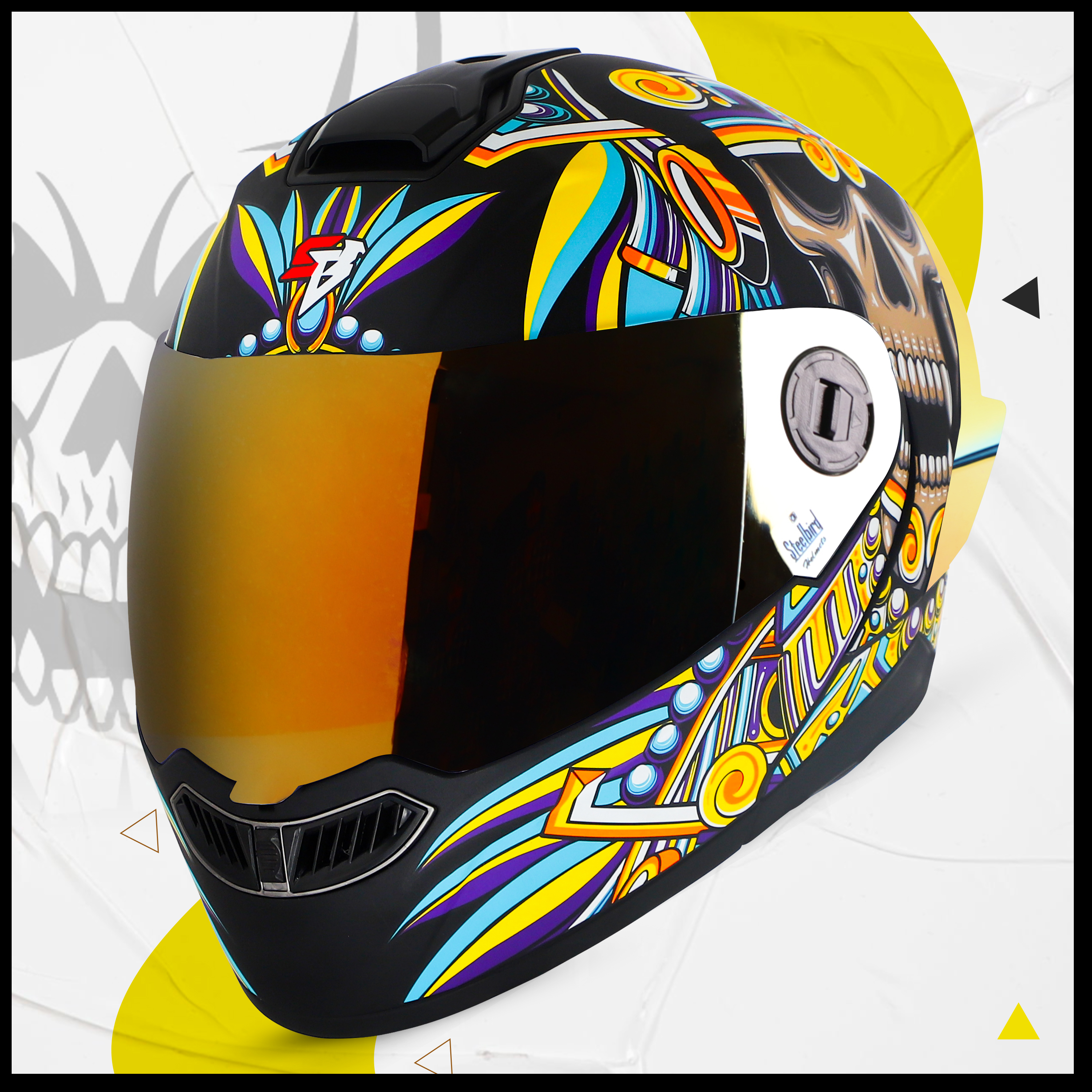 Steelbird SBA-8 Hunt ISI Certified Flip-Up Graphic Helmet For Men And Women (Glossy Black Yellow With Gold Spoiler And Chrome Gold Visor)