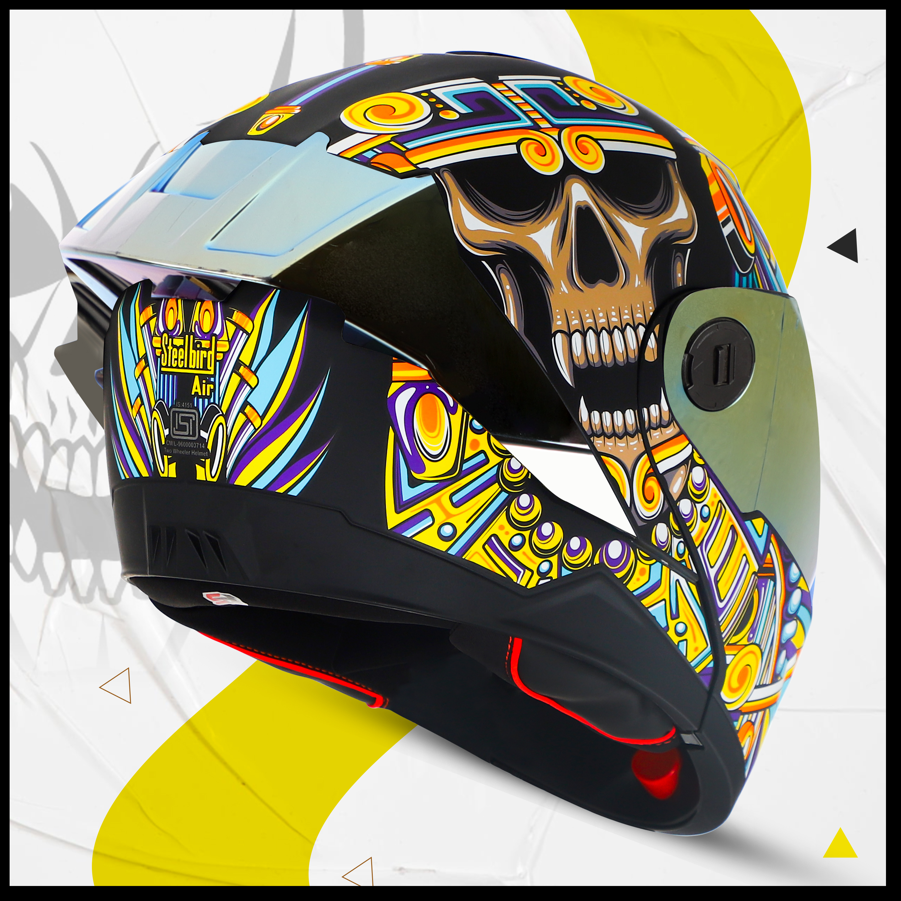 Steelbird SBA-8 Hunt ISI Certified Flip-Up Graphic Helmet For Men And Women (Glossy Black Yellow With Gold Spoiler And Chrome Gold Visor)