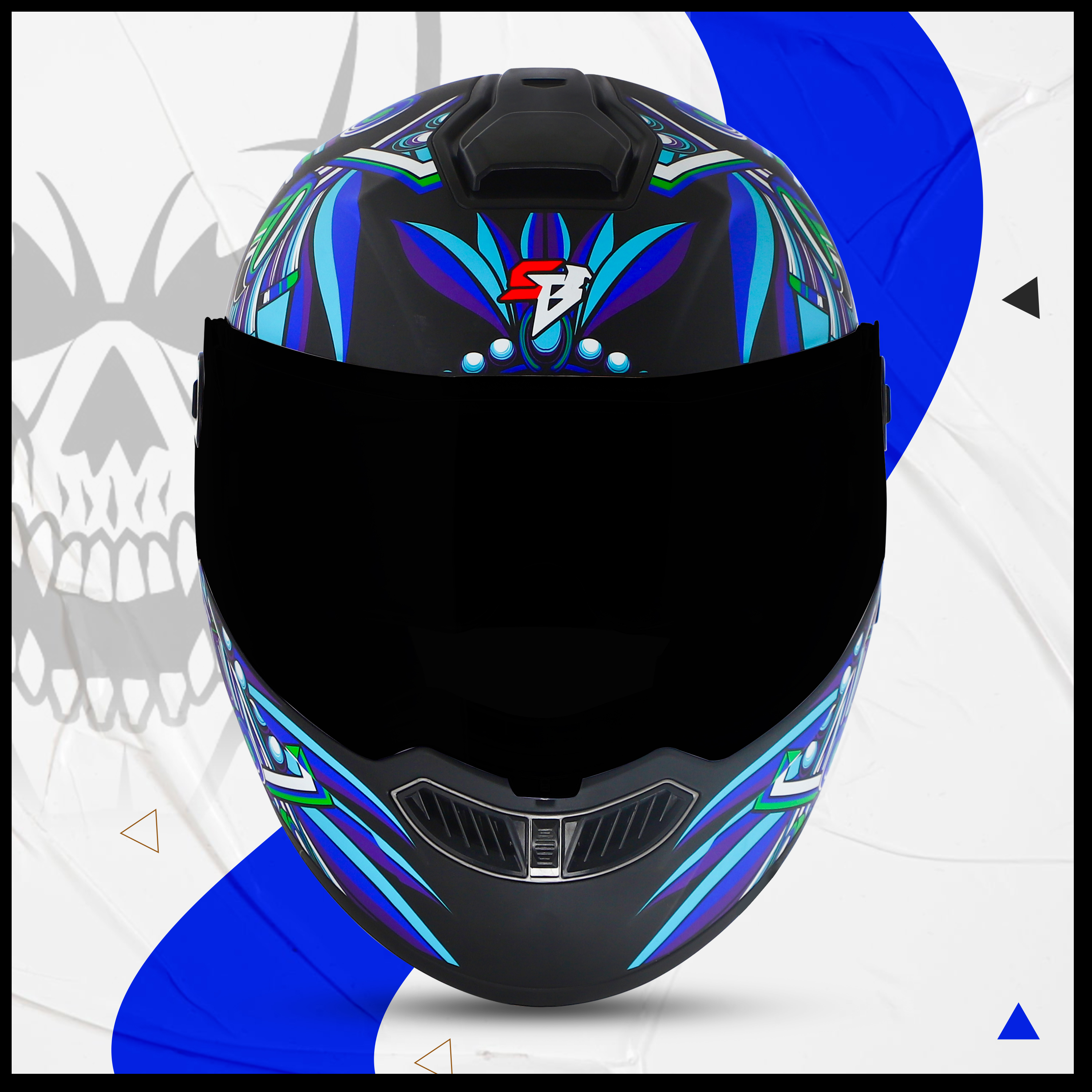 Steelbird SBA-8 Hunt ISI Certified Flip-Up Graphic Helmet For Men And Women With Inner Smoke Sun Shield (Glossy Black Blue With Black Spoiler And Smoke Visor)