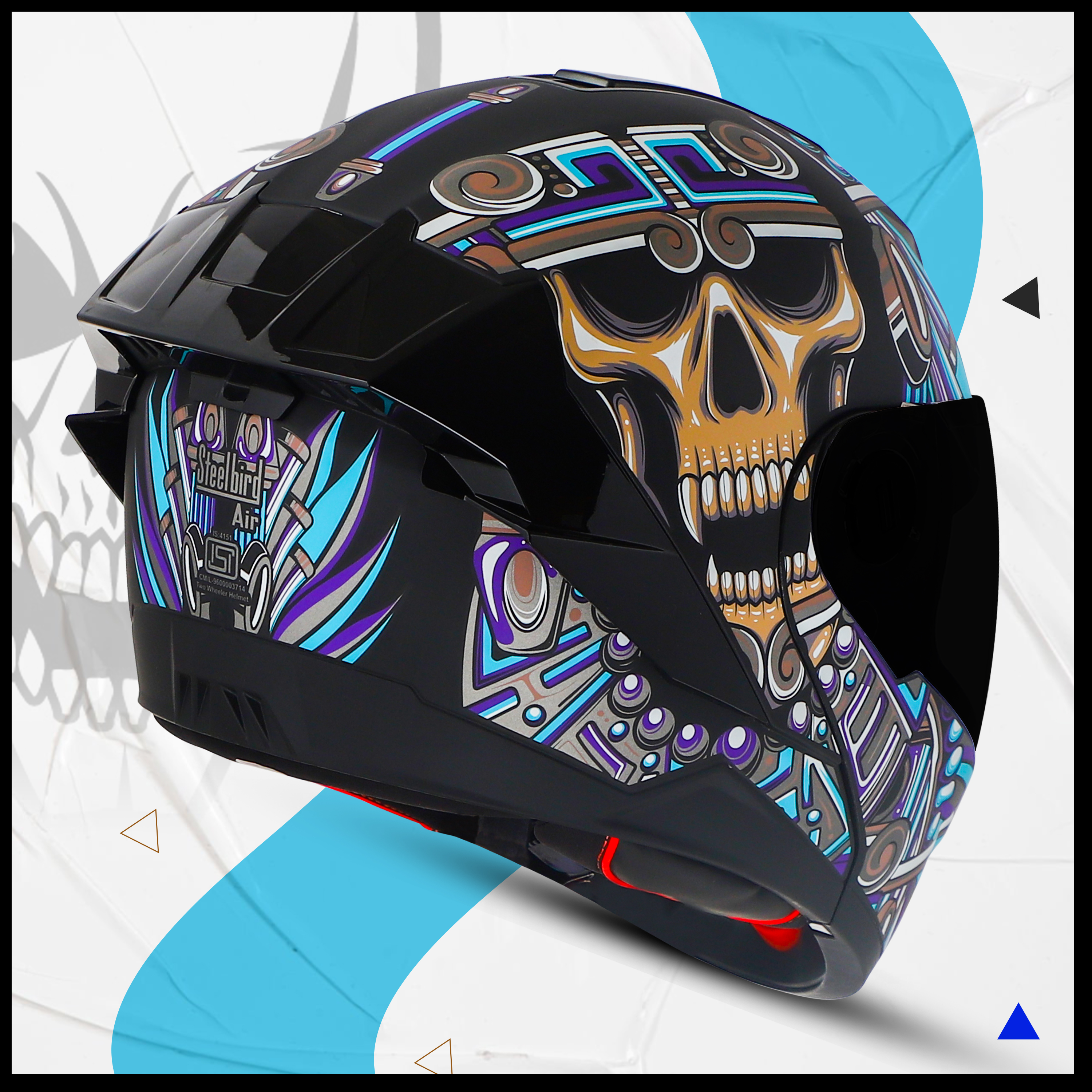 Steelbird SBA-8 Hunt ISI Certified Flip-Up Graphic Helmet For Men And Women With Inner Smoke Sun Shield (Glossy Black Jazz Blue With Black Spoiler And Smoke Visor)