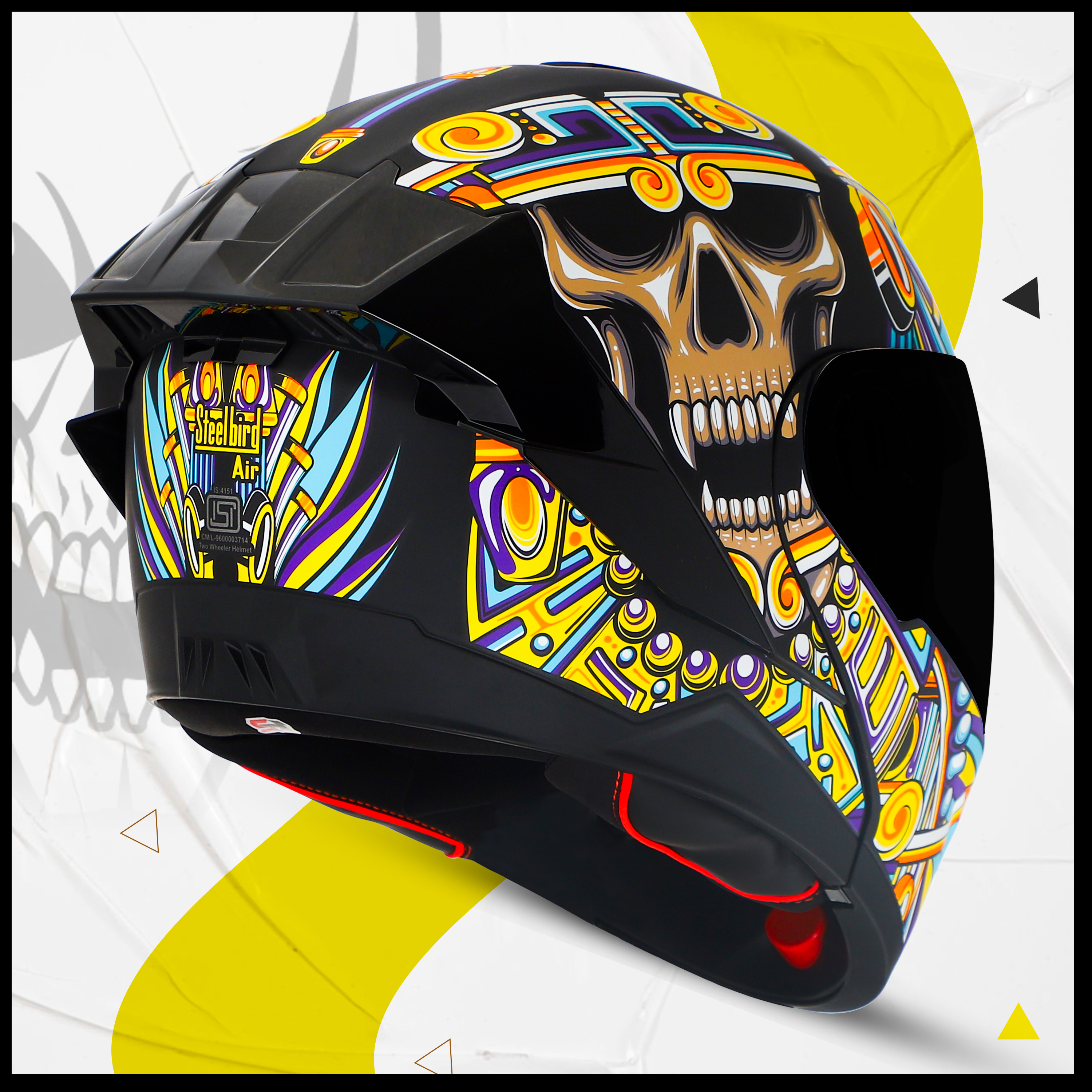 Steelbird SBA-8 Hunt ISI Certified Flip-Up Graphic Helmet For Men And Women With Inner Smoke Sun Shield (Glossy Black Yellow With Black Spoiler And Smoke Visor)