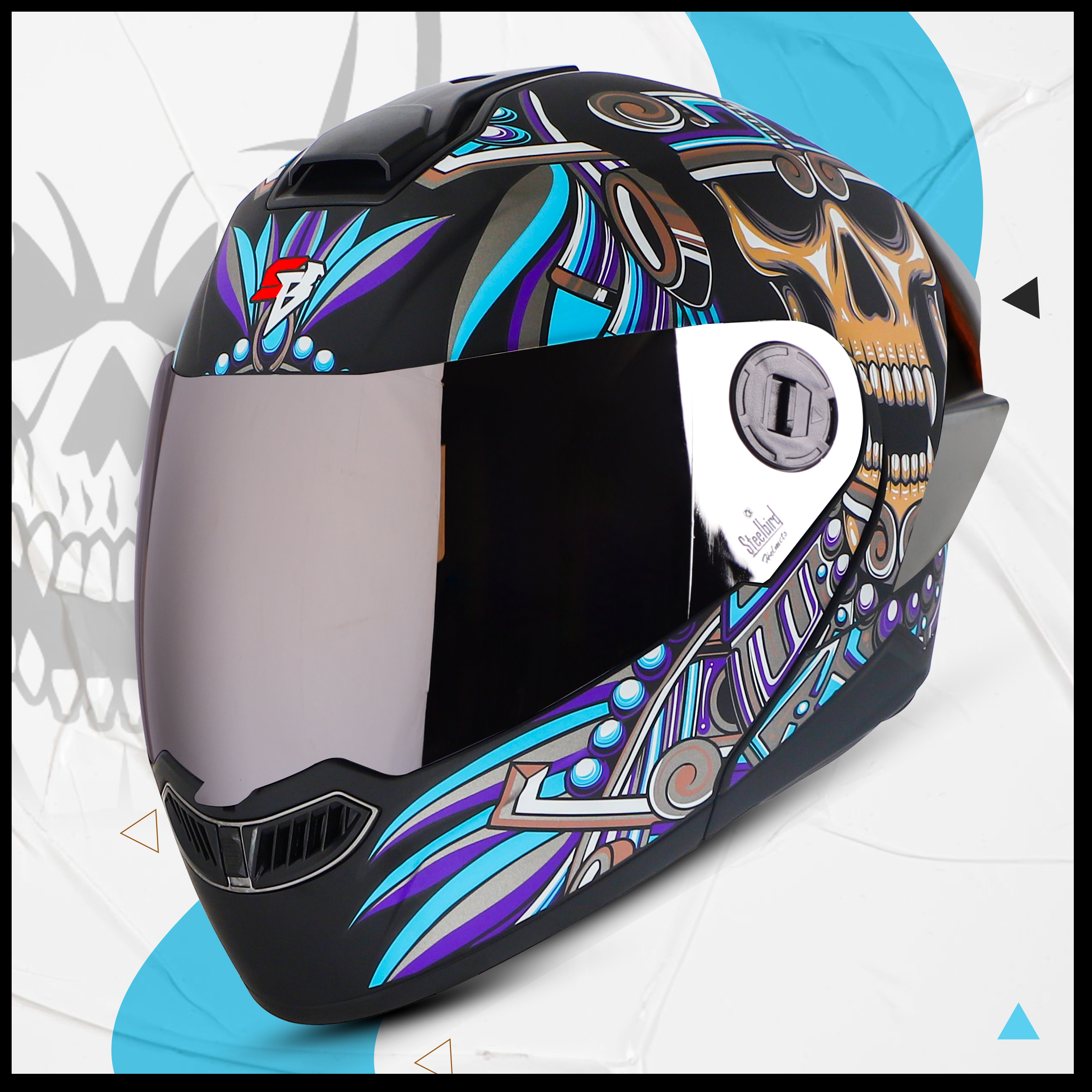 Steelbird SBA-8 Hunt ISI Certified Flip-Up Graphic Helmet For Men And Women With Inner Smoke Sun Shield (Glossy Black Jazz Blue With Silver Spoiler And Chrome Silver Visor)