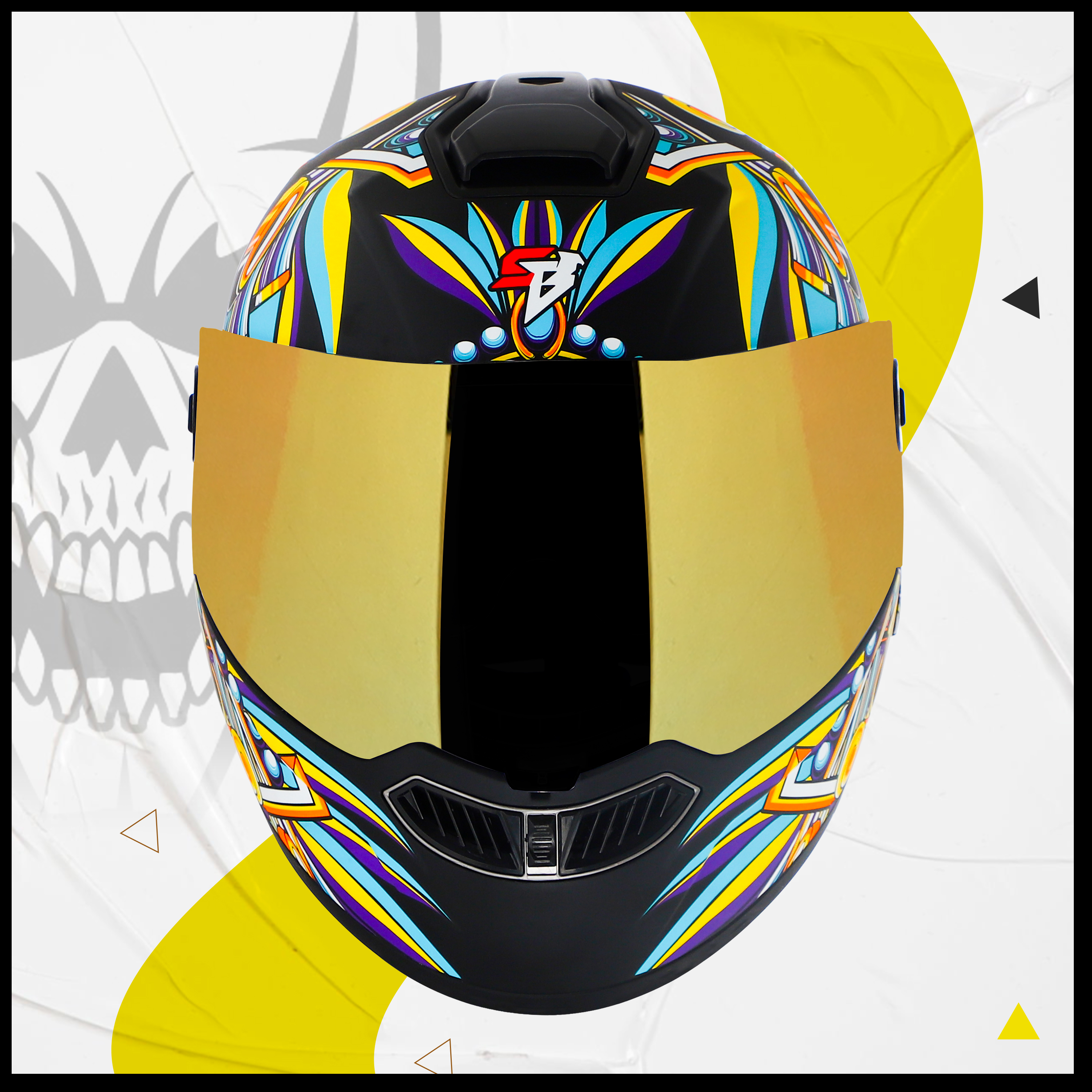 Steelbird SBA-8 Hunt ISI Certified Flip-Up Graphic Helmet For Men And Women With Inner Smoke Sun Shield (Glossy Black Yellow With Gold Spoiler And Chrome Gold Visor)