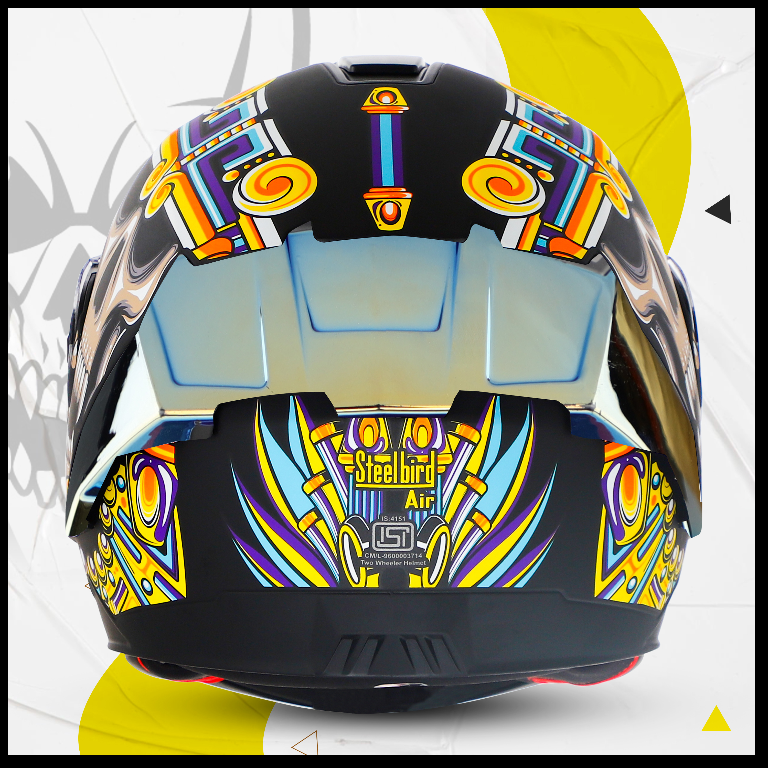 Steelbird SBA-8 Hunt ISI Certified Flip-Up Graphic Helmet For Men And Women With Inner Smoke Sun Shield (Glossy Black Yellow With Gold Spoiler And Chrome Gold Visor)