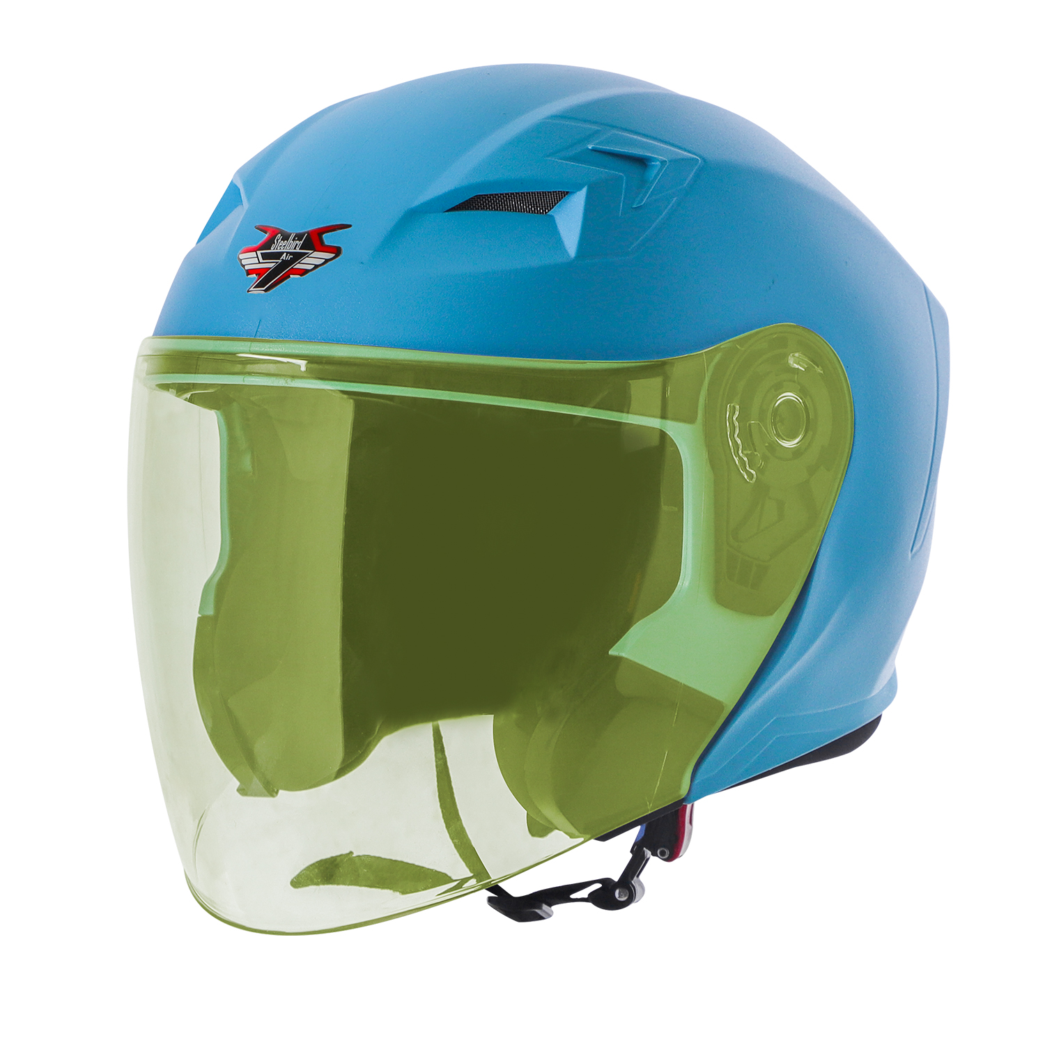 Steelbird SBA-17 7Wings ISI Certified Open Face Helmet for Men and Women (Dashing Jazz Blue with Tinted Yellow Visor)