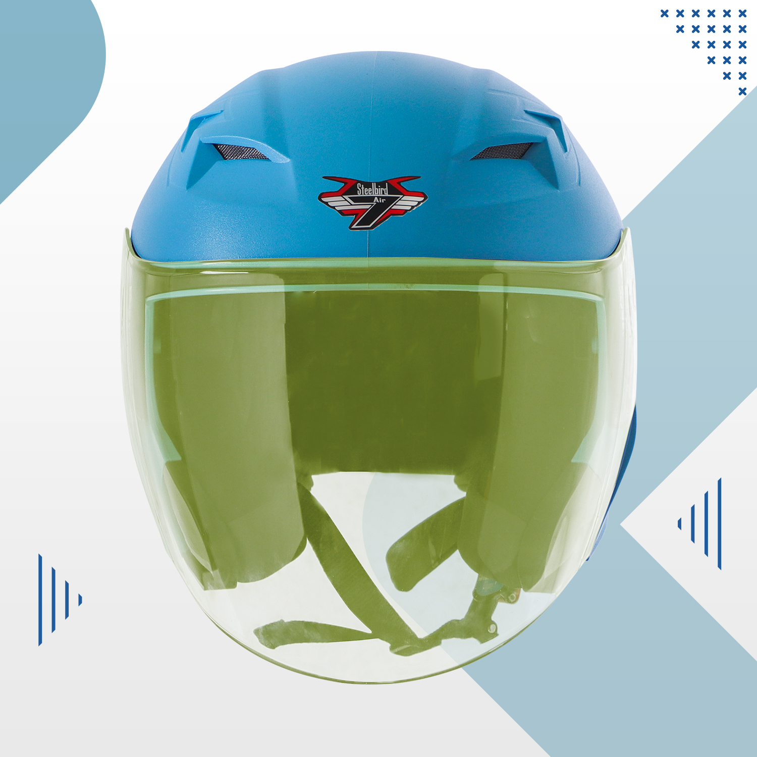 Steelbird SBA-17 7Wings ISI Certified Open Face Helmet For Men And Women (Dashing Jazz Blue With Tinted Yellow Visor)