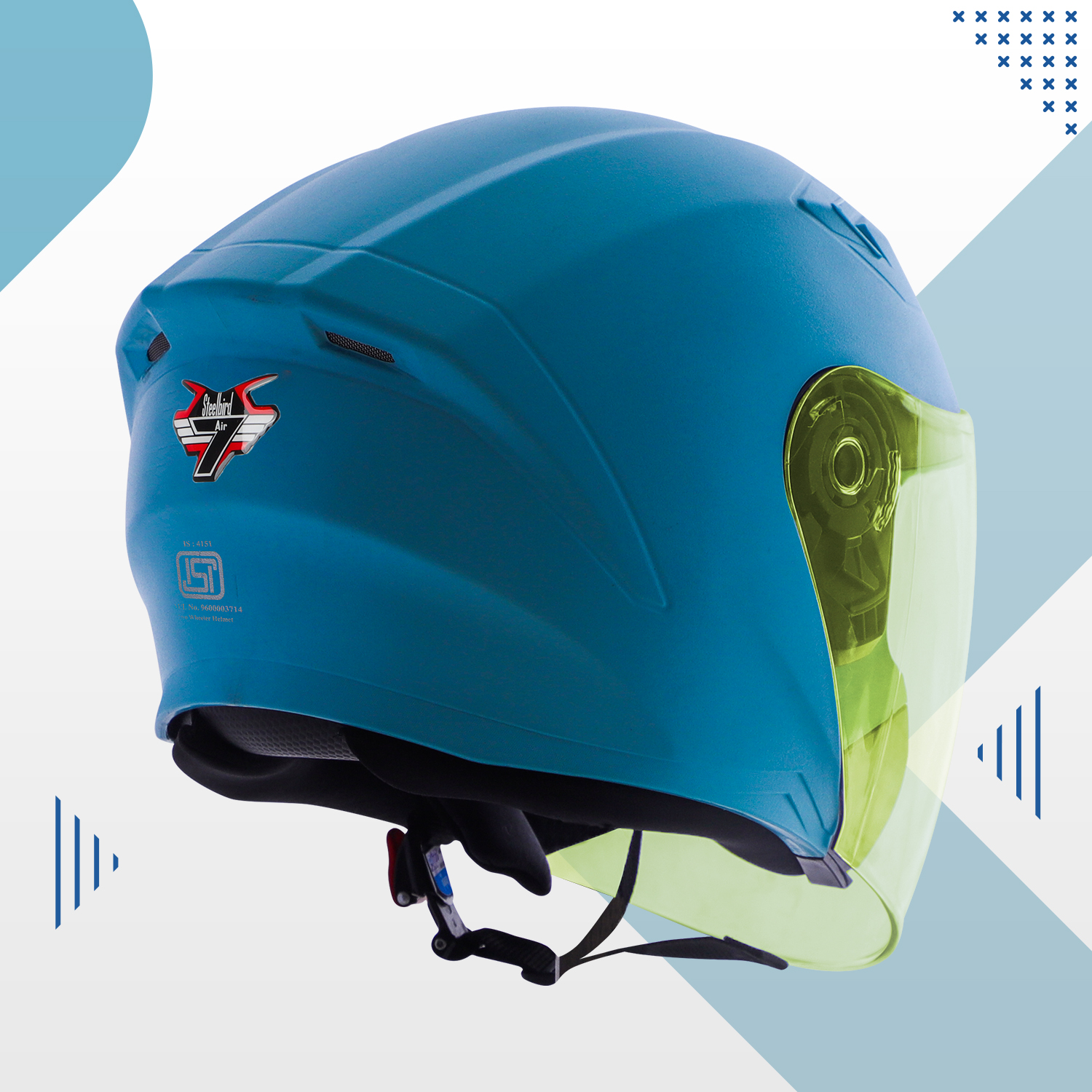 Steelbird SBA-17 7Wings ISI Certified Open Face Helmet For Men And Women (Dashing Jazz Blue With Tinted Yellow Visor)
