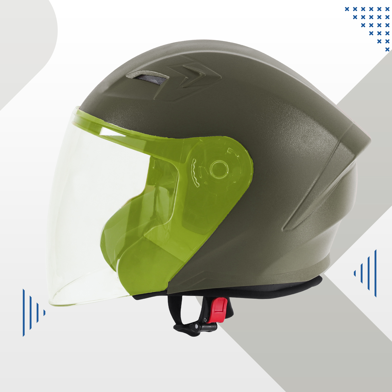 Steelbird SBA-17 7Wings ISI Certified Open Face Helmet For Men And Women (Dashing Battle Green With Tinted Yellow Visor)