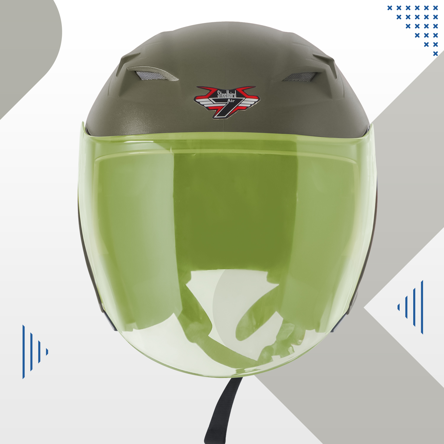 Steelbird SBA-17 7Wings ISI Certified Open Face Helmet For Men And Women (Dashing Battle Green With Tinted Yellow Visor)