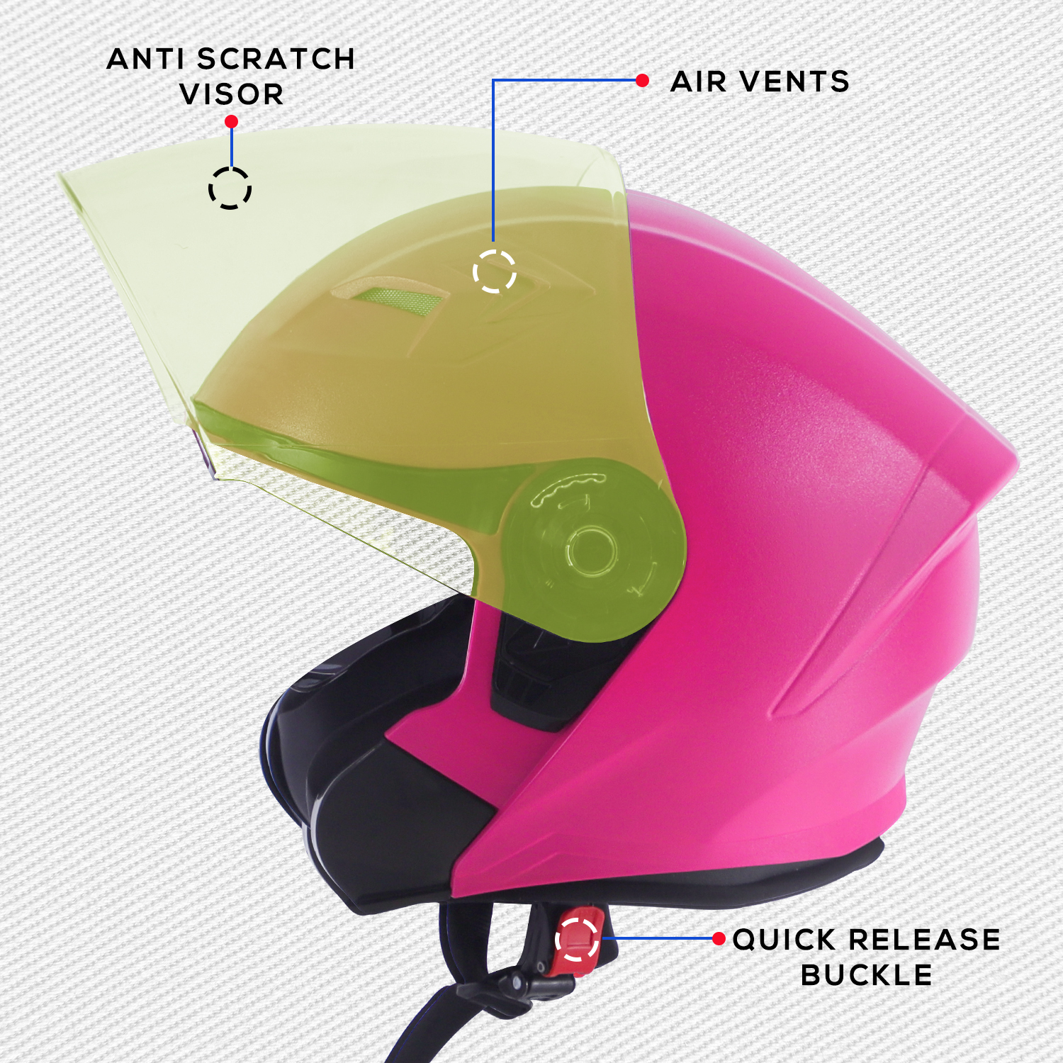 Steelbird SBA-17 7Wings ISI Certified Open Face Helmet For Men And Women (Dashing Pink With Tinted Yellow Visor)