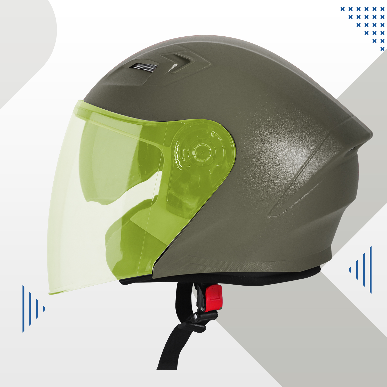 Steelbird SBA-17 7Wings ISI Certified Open Face Helmet For Men And Women With Inner Smoke Sun Shield (Dashing Battle Green With Tinted Yellow Visor)