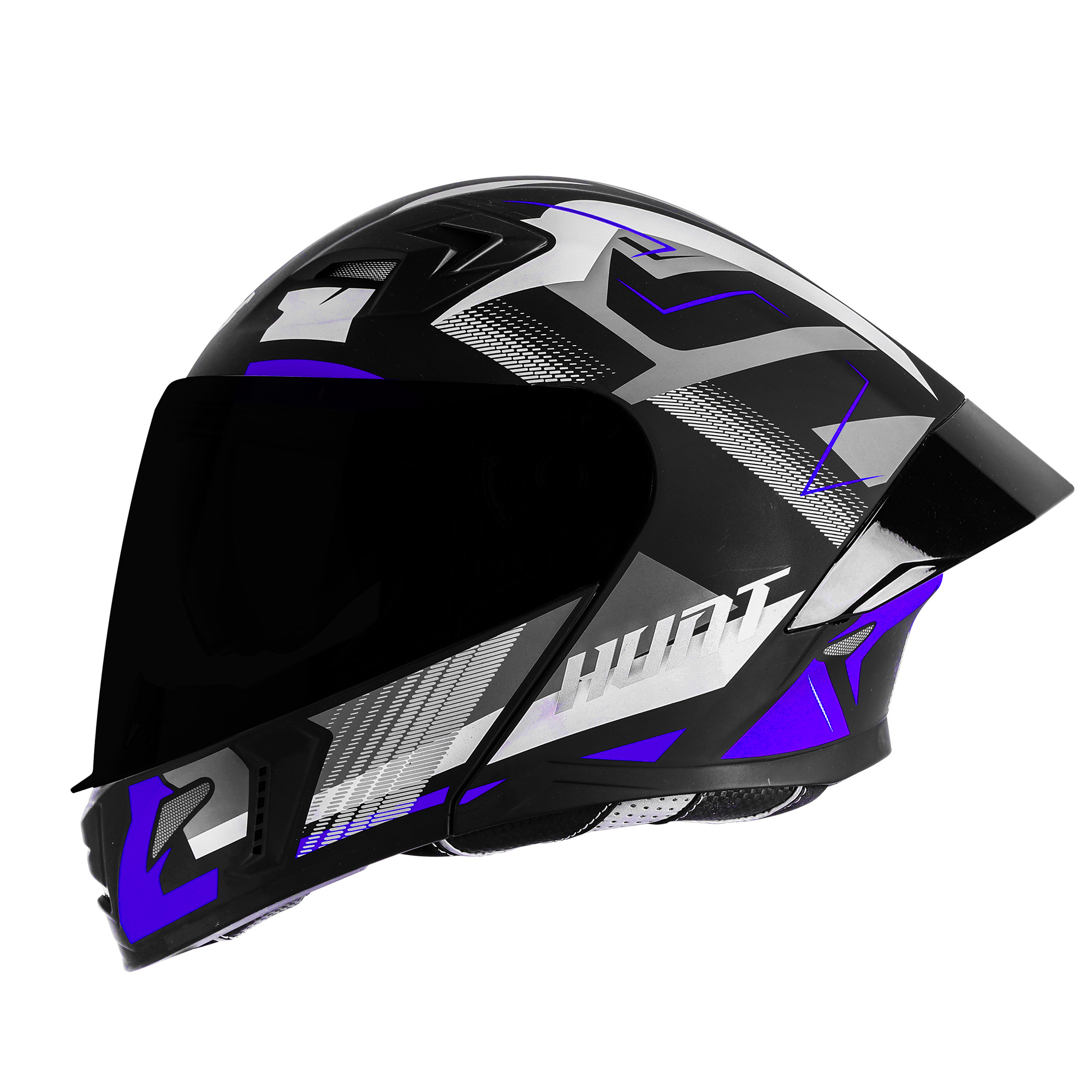 Steelbird SBA-20 Hunt ISI Certified Flip-Up Graphic Helmet for Men and Women (Matt Black Blue with Black Spoiler and Smoke Visor)