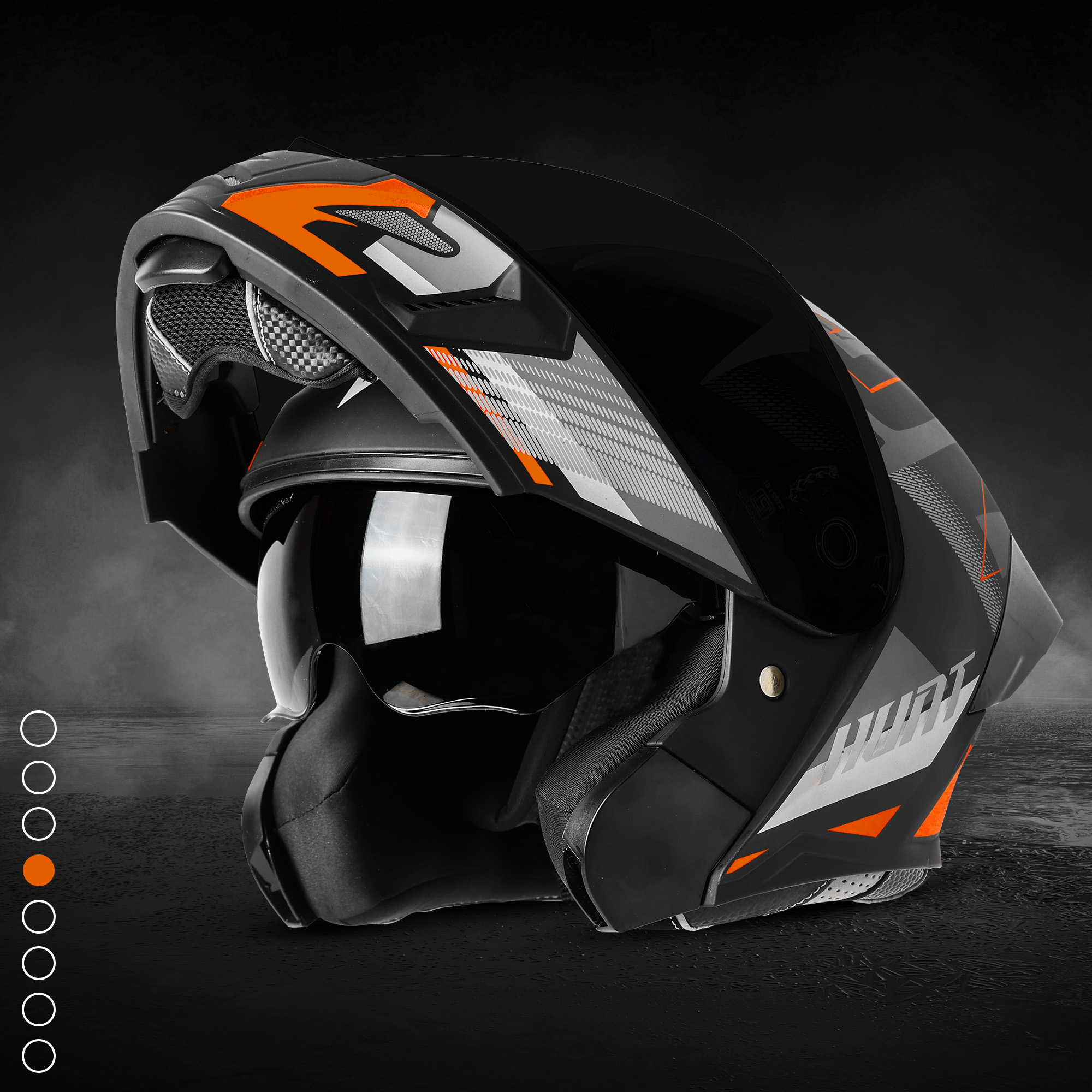 Steelbird SBA-20 Hunt ISI Certified Flip-Up Graphic Helmet For Men And Women With Inner Smoke Sun Shield (Matt Black Orange With Black Spoiler And Smoke Visor)