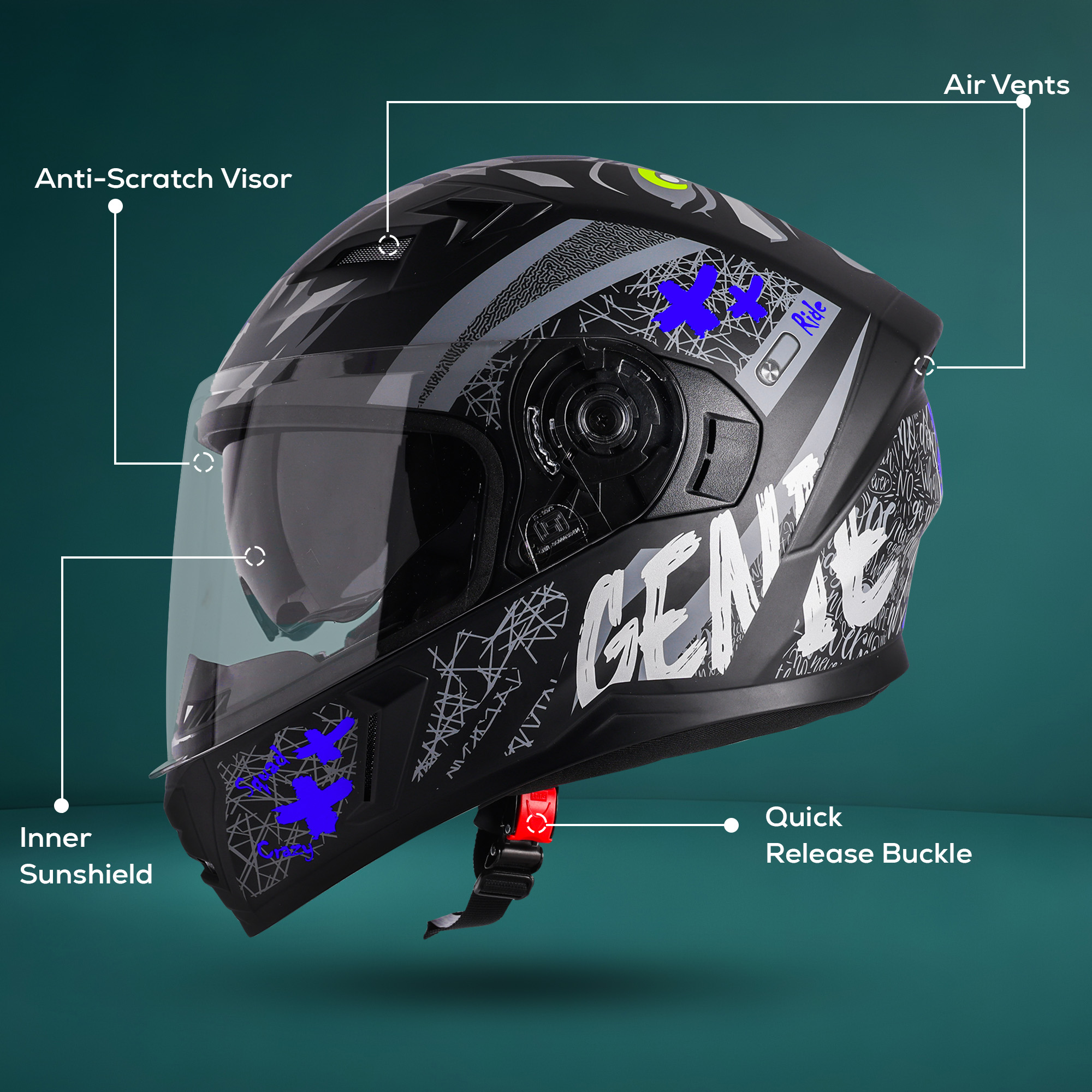 Steelbird SBA-21 Genie ISI Certified Full Face Graphic Helmet For Men And Women With Inner Smoke Sun Shield (Glossy Black Blue)