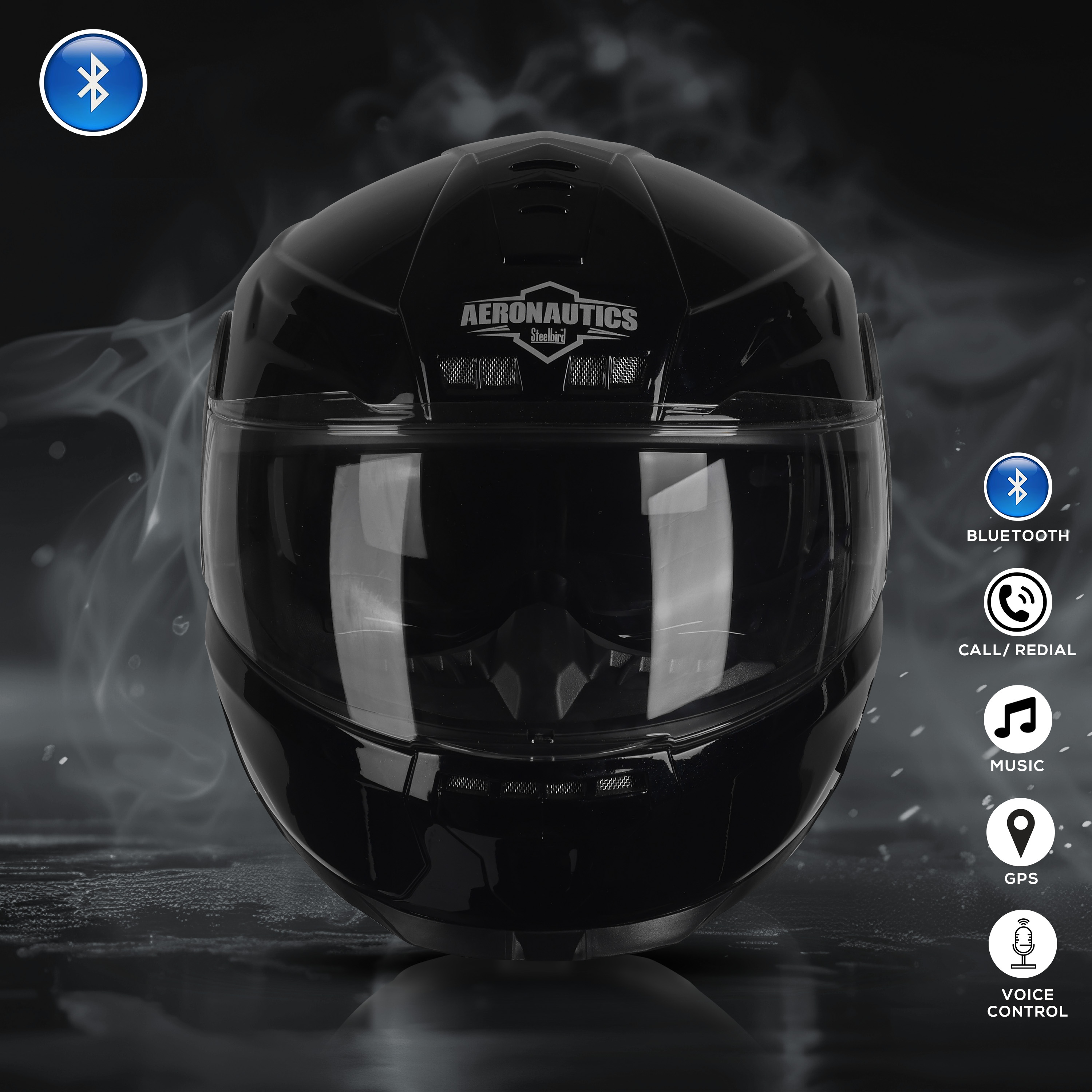 Steelbird Bluetooth Full Face ISI Certified Helmet For Men With Inner Smoke Sun Shield | SBH-40 7Wings (Matt Black)