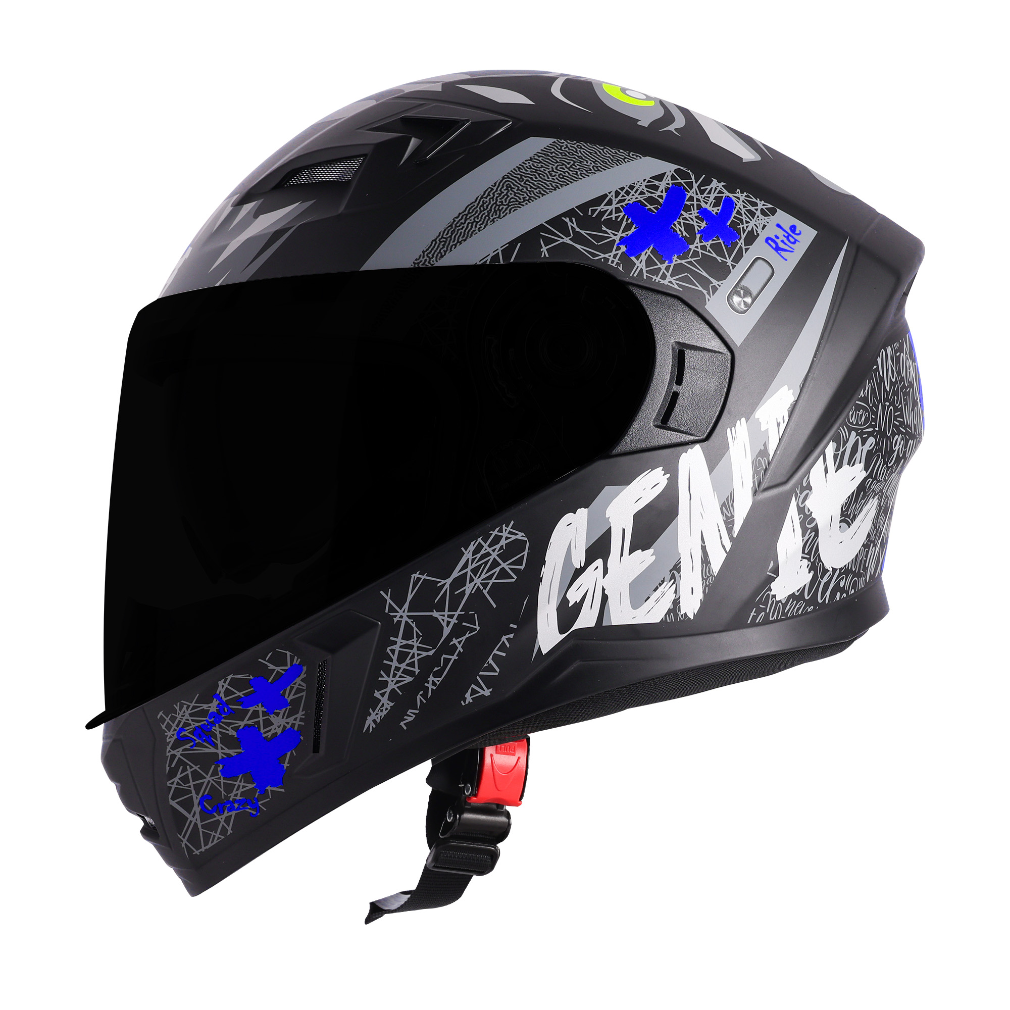 Steelbird SBA-21 Genie ISI Certified Full Face Graphic Helmet for Men and Women (Glossy Black Blue with Smoke Visor)