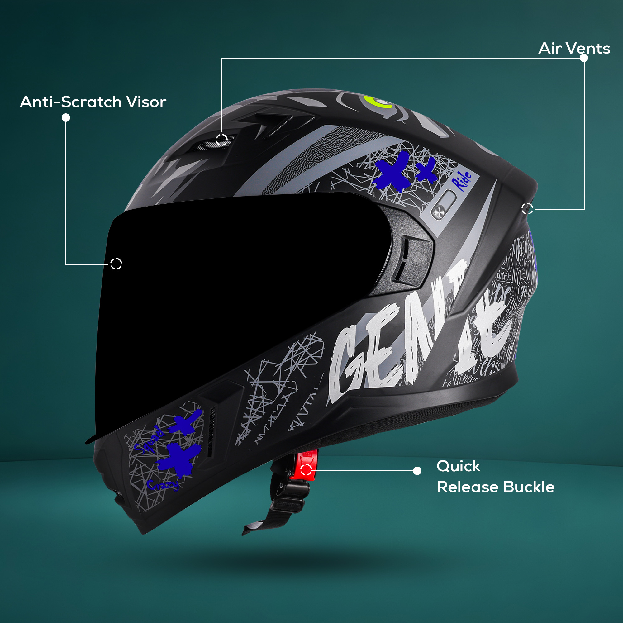 Steelbird SBA-21 Genie ISI Certified Full Face Graphic Helmet For Men And Women (Glossy Black Blue With Smoke Visor)